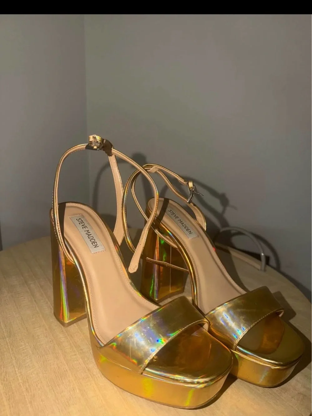 Steve Madden Gold Holographic Platform Sandals with Ankle Strap